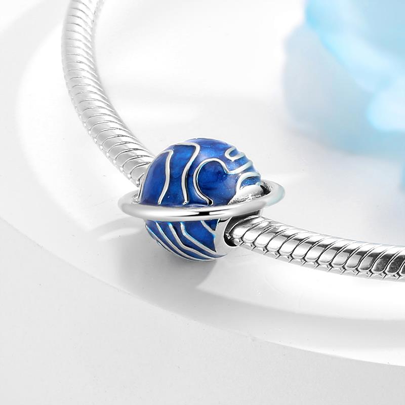 925 Sterling Silver Clear CZ Curved Moon and Blue Planet Rotatable Enamel fine Pendant Charms for Bracelet - Image 4