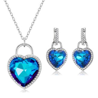 925 Sterling Silver Heart of the Ocean Necklace and Earring Set Women Jewelry with Sparkling Zircon for Lovers Anniversary