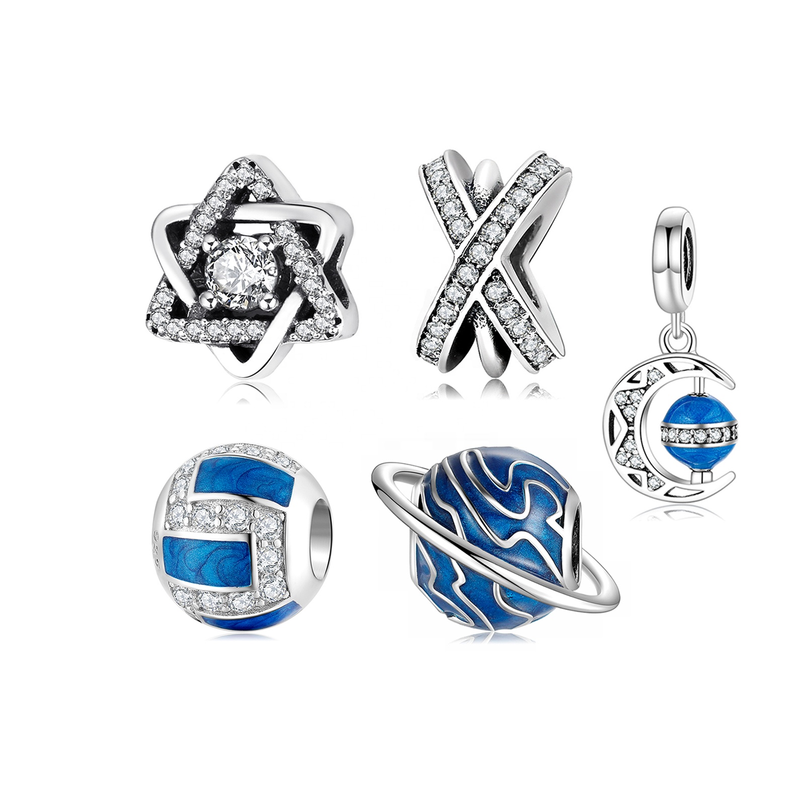 925 Sterling Silver Clear CZ Curved Moon and Blue Planet Rotatable Enamel fine Pendant Charms for Bracelet - Image 6