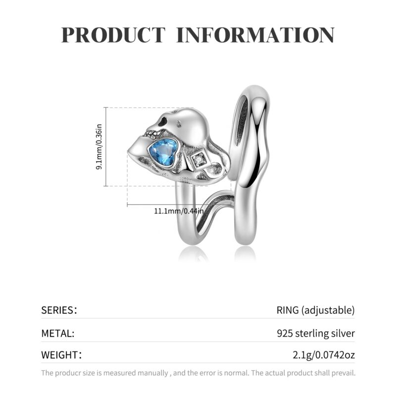 925 Sterling Silver Heart-shaped Skull Ring with Blue Zirconia Authentic - Image 3