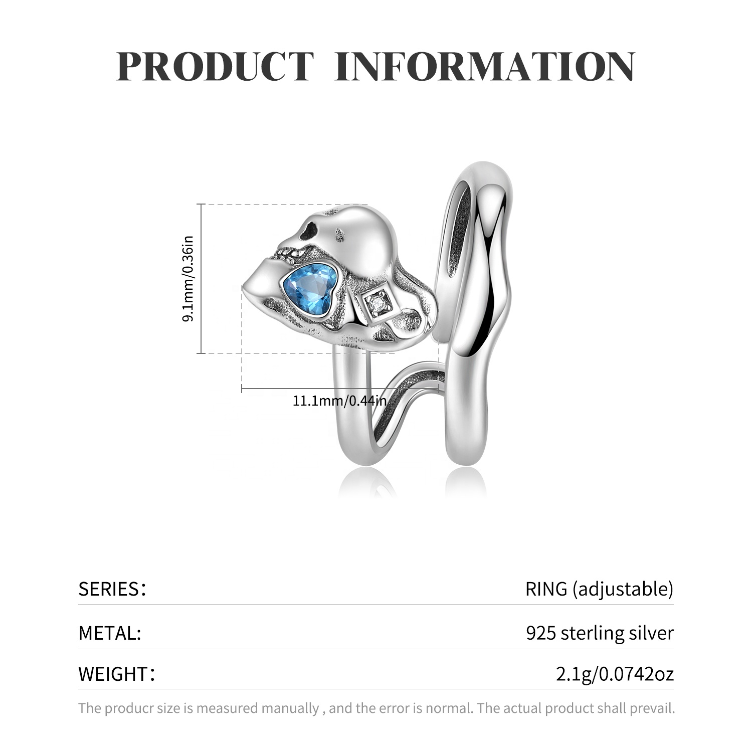 925 Sterling Silver Heart-shaped Skull Ring with Blue Zirconia Authentic - Image 3