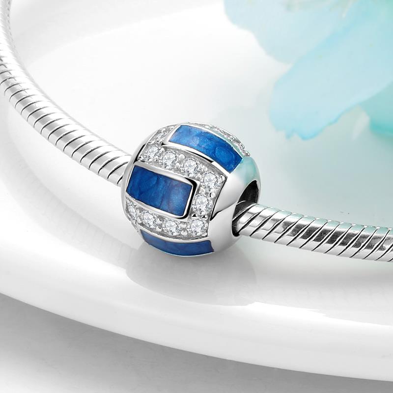 925 Sterling Silver Clear CZ Curved Moon and Blue Planet Rotatable Enamel fine Pendant Charms for Bracelet - Image 3