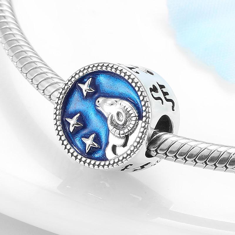 925 Sterling Silver 12 Stars Aquarius of Wisdom Enamel Blue Bead Charms for Bracelets - Image 4