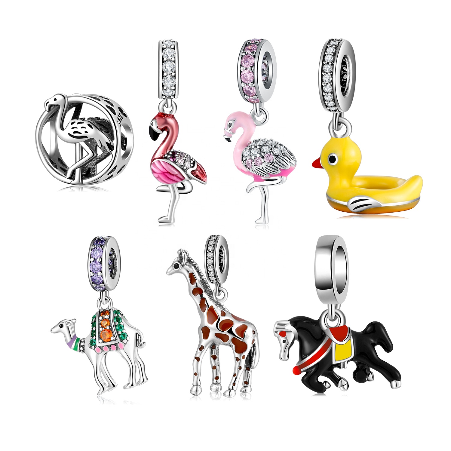 925 Sterling Silver Elegant Flamingo Enamel pink with clear zircon fine Pendant Charms for Bracelets Jewelry. - Image 7