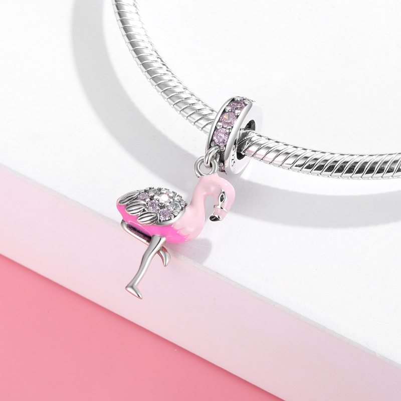 925 Sterling Silver Elegant Flamingo Enamel pink with clear zircon fine Pendant Charms for Bracelets Jewelry. - Image 6