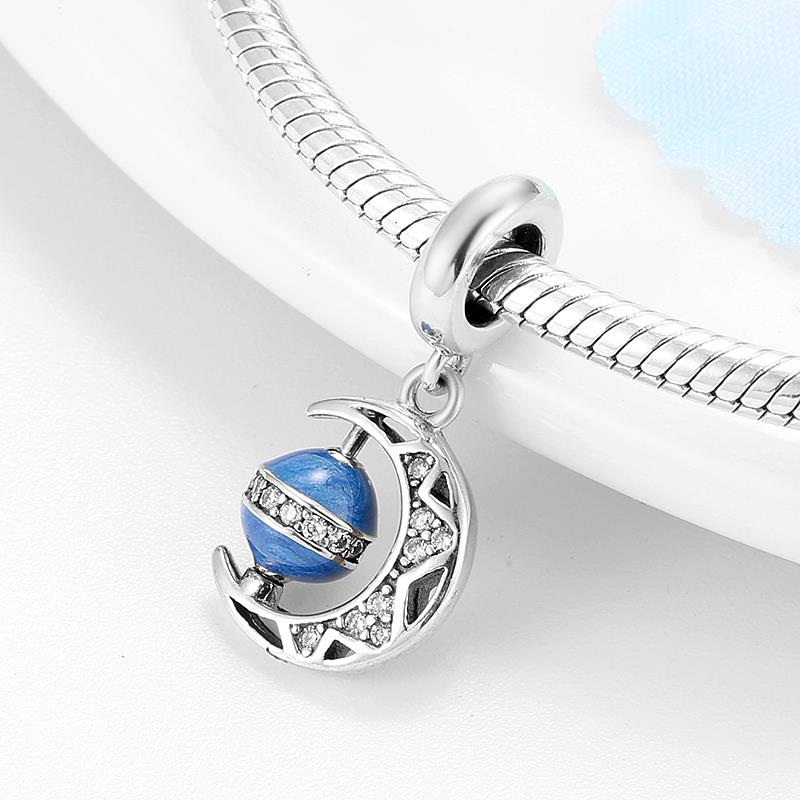 925 Sterling Silver Clear CZ Curved Moon and Blue Planet Rotatable Enamel fine Pendant Charms for Bracelet - Image 5