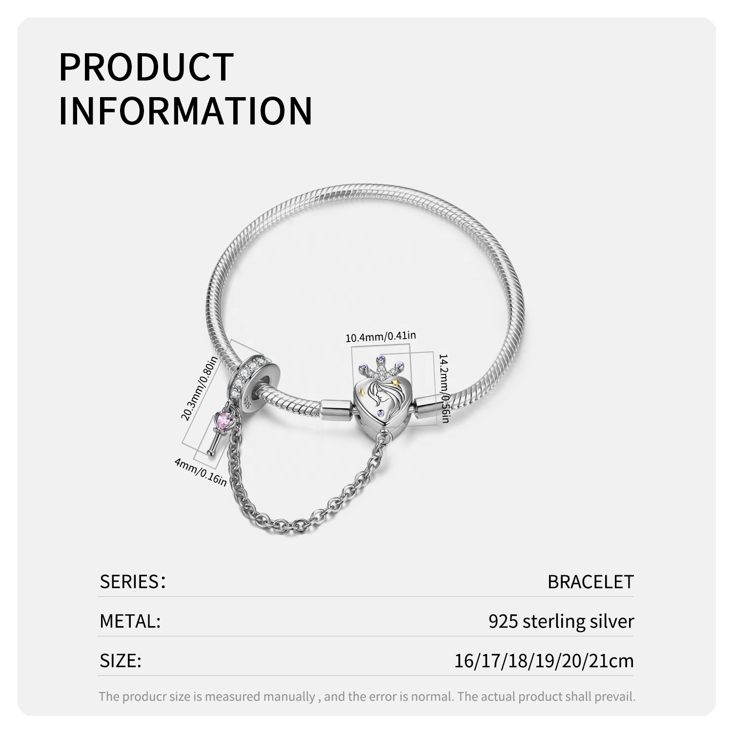 925 Sterling Silver Snake Charm Bracelet with CZ Heart shape Queen Safety Chain DIY Bangle Women - Image 3