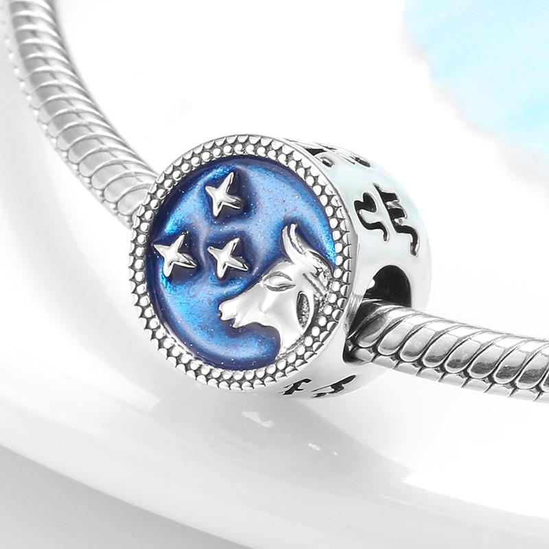 925 Sterling Silver 12 Stars Aquarius of Wisdom Enamel Blue Bead Charms for Bracelets - Image 2