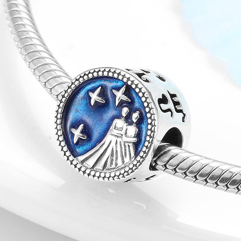 925 Sterling Silver 12 Stars Aquarius of Wisdom Enamel Blue Bead Charms for Bracelets - Image 3