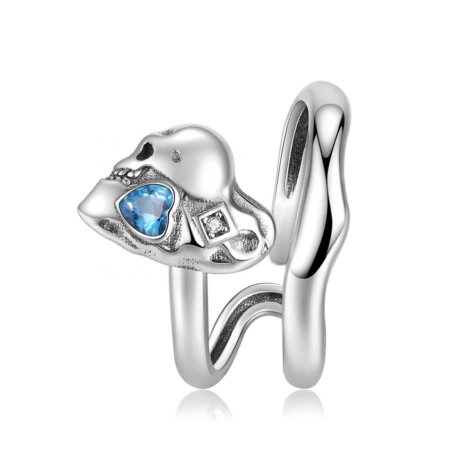 925 Sterling Silver Heart-shaped Skull Ring with Blue Zirconia Authentic