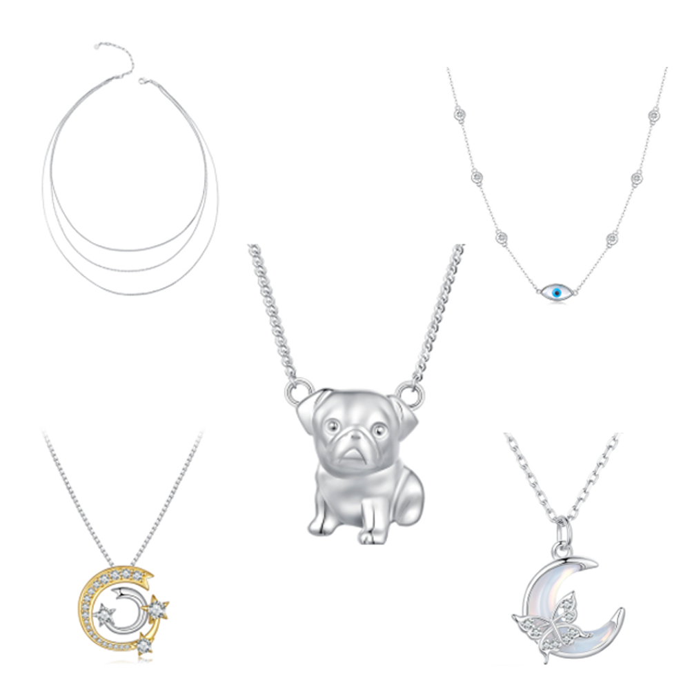 925 Sterling Silver Necklace Dog, Moon & Evil Eye Necklace - Imagem 2