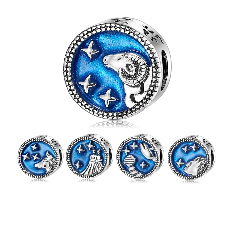 925 Sterling Silver 12 Stars Aquarius of Wisdom Enamel Blue Bead Charms for Bracelets - Image 7