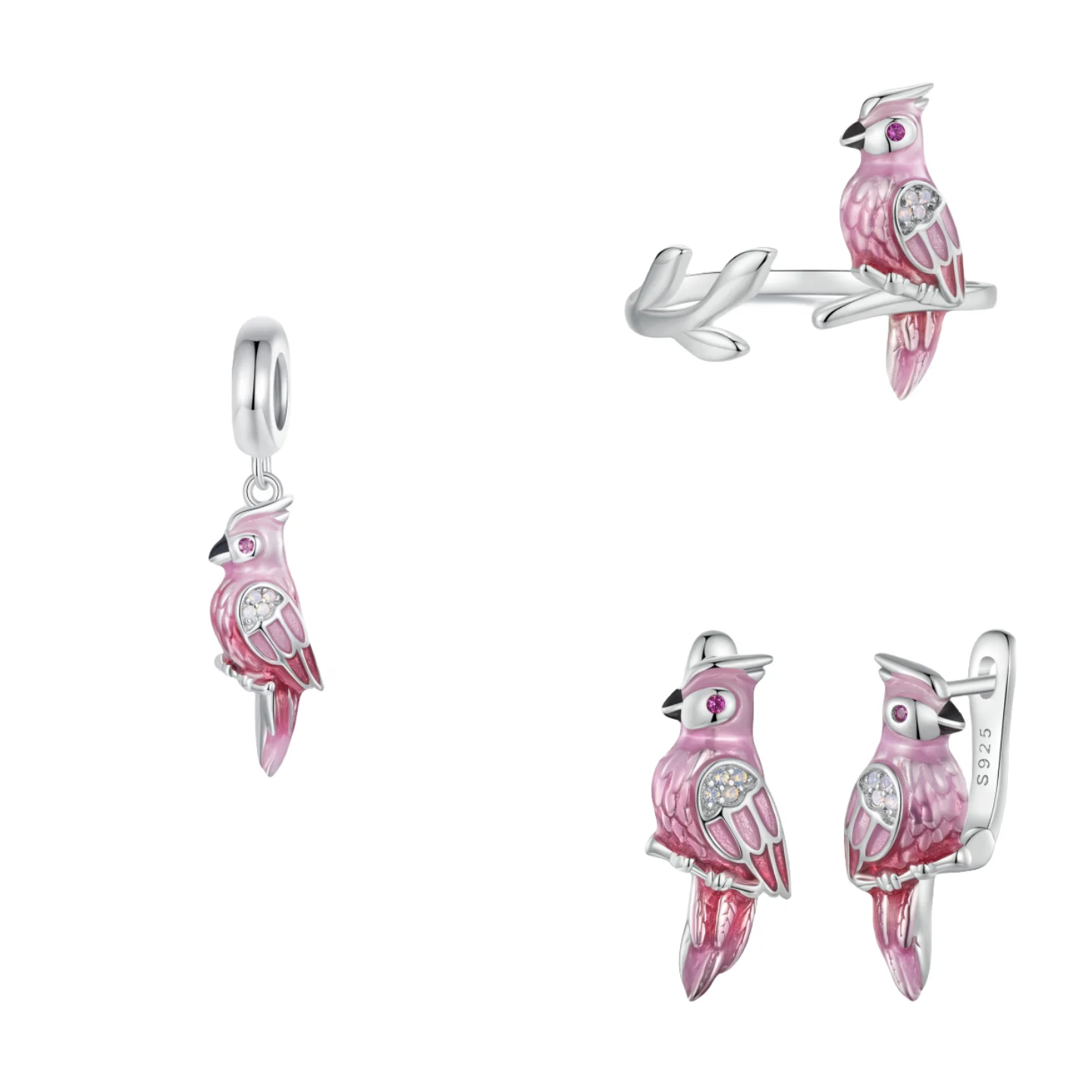 925 Sterling Silver Fashion Jewelry Sets Fine Enamel Zirconia Nano Opal Cute Pink Parrot