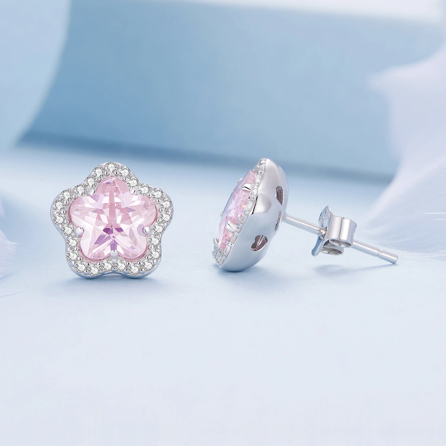 925 Sterling Silver Stud Earrings Pink Earrings Flower Earrings - Image 2