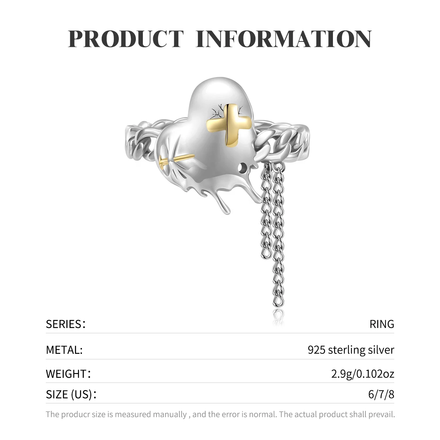 925 Sterling Silver Gold Plated Heart-shaped Ring with Chain Real Finger for Women - Image 2