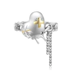 925 Sterling Silver Gold Plated Heart-shaped Ring with Chain Real Finger for Women