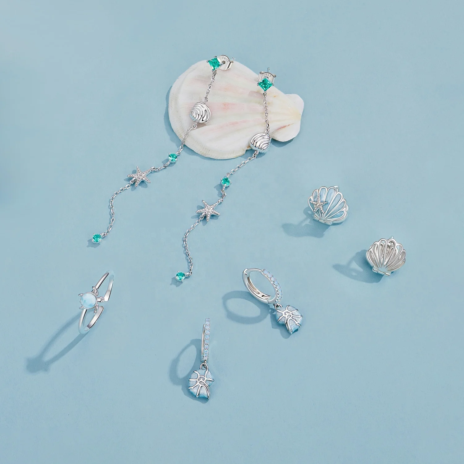 Fashion Sterling Silver Jewelry Sets Fine Jewelry Marine Blue Ocean Conch Shell Turtle Bracelet Necklace Ring Earrings Set - Image 2