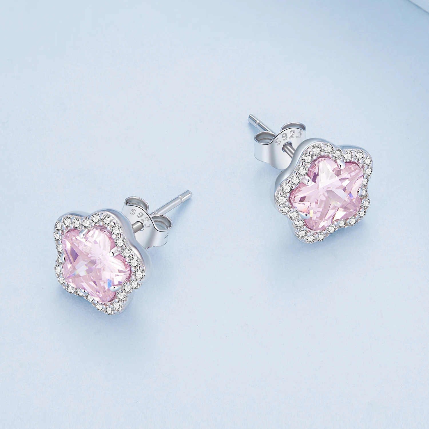 925 Sterling Silver Stud Earrings Pink Earrings Flower Earrings - Image 3